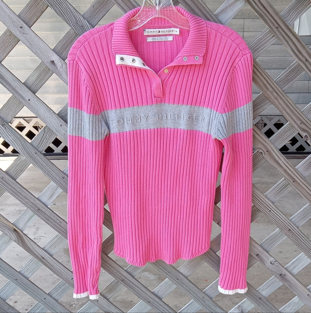 Tommy Hilfiger Pink Striped Sweater Pull Over Long Sleeve Snap Up Neck